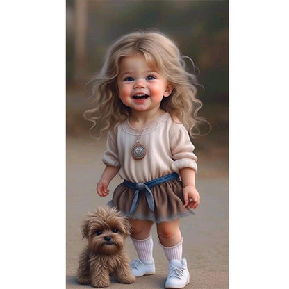 Little Girl With Puppy - Full Round Drill Diamond Painting 40*70CM