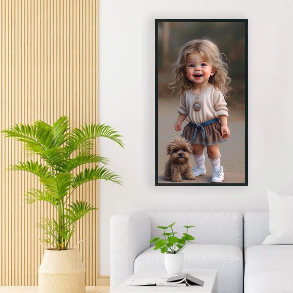 Little Girl With Puppy - Full Round Drill Diamond Painting 40*70CM