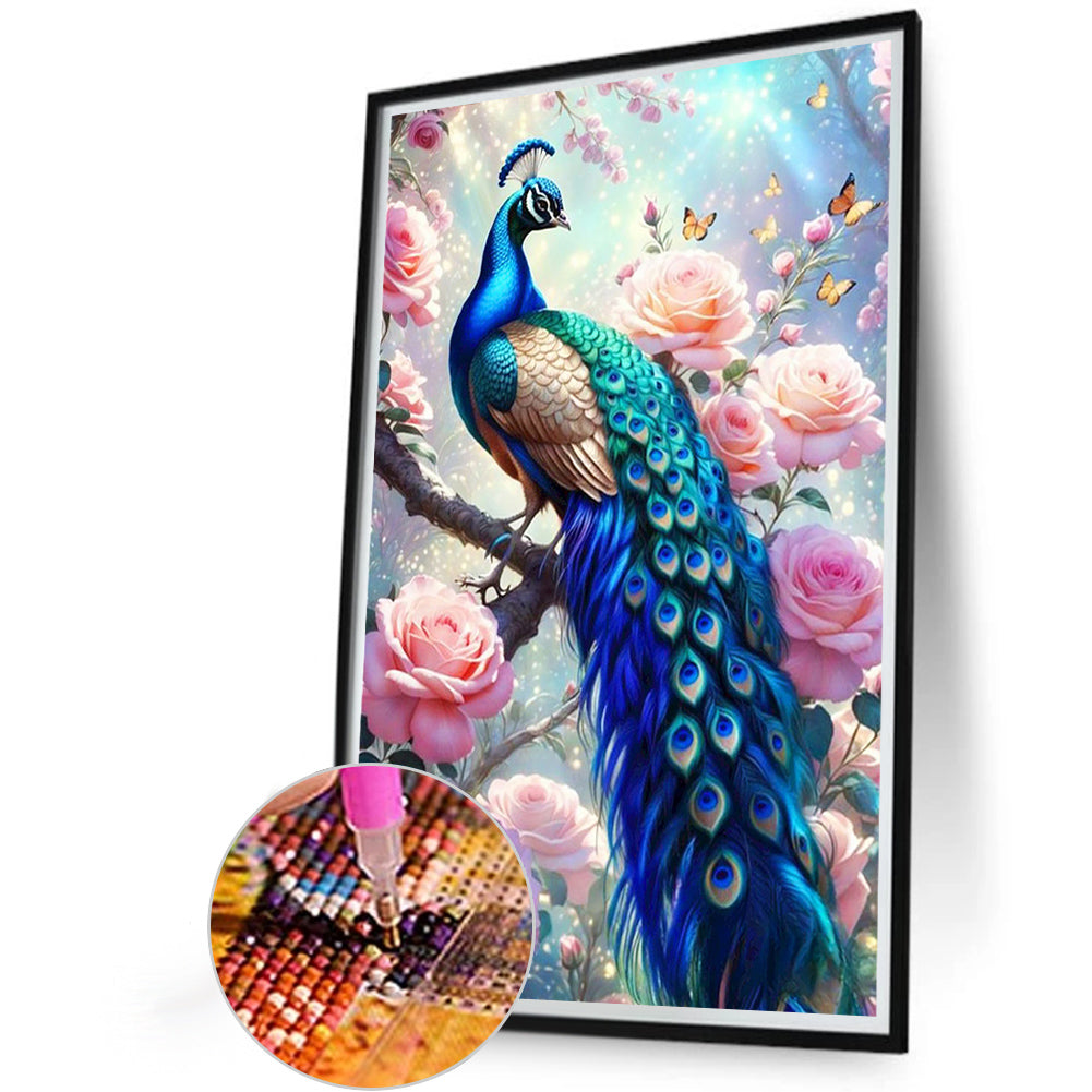 Peacock With Pink Flowers - Full Round Drill Diamond Painting 40*60CM