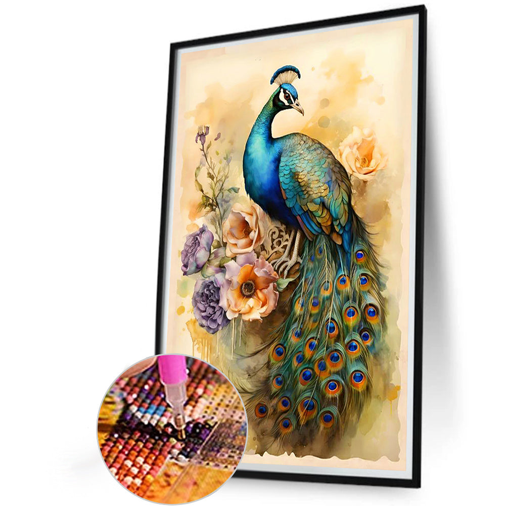 Peacock Standing On Flower - Full Round Drill Diamond Painting 40*60CM