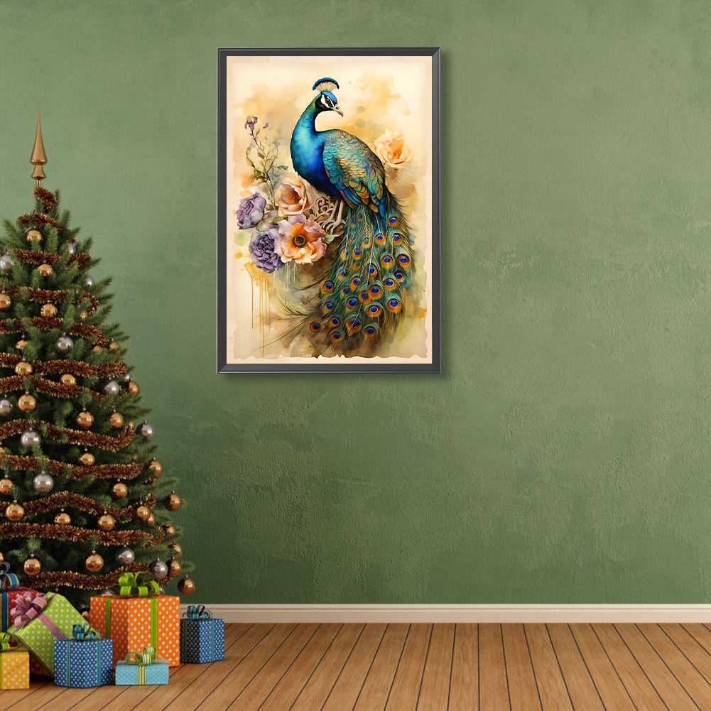 Peacock Standing On Flower - Full Round Drill Diamond Painting 40*60CM