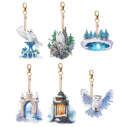 6 Pcs Double Sided Diamond Painting Keychain for Beginners Adults (Winter Owl)