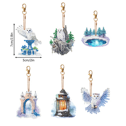 6 Pcs Double Sided Diamond Painting Keychain for Beginners Adults (Winter Owl)