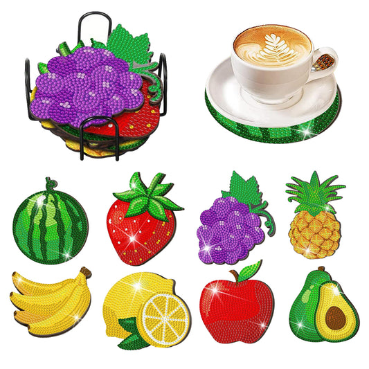 8 Pcs Acrylic Diamond Painting Coasters Kits with Holder for Beginner (Fruit)