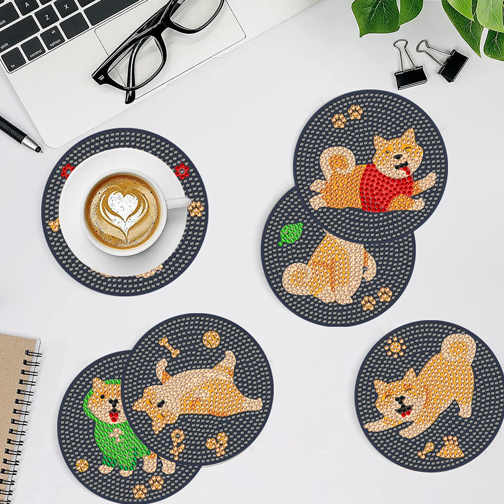 8 Pcs Acrylic Diamond Painting Coasters with Holder for Beginner (Corgi Puppy)