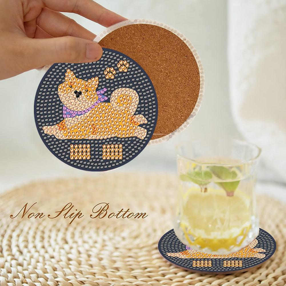 8 Pcs Acrylic Diamond Painting Coasters with Holder for Beginner (Corgi Puppy)