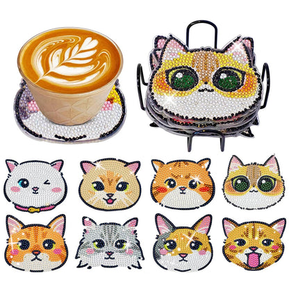 8 Pcs Acrylic Diamond Painting Coasters Kits with Holder for Beginner (Cat)