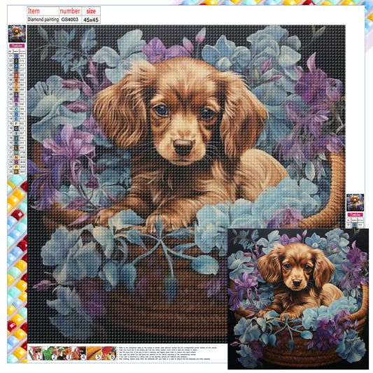 Flower Basket Puppy - Full Square Drill Diamond Painting 45*45CM