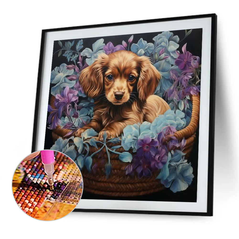 Flower Basket Puppy - Full Square Drill Diamond Painting 45*45CM