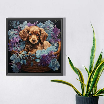 Flower Basket Puppy - Full Square Drill Diamond Painting 45*45CM