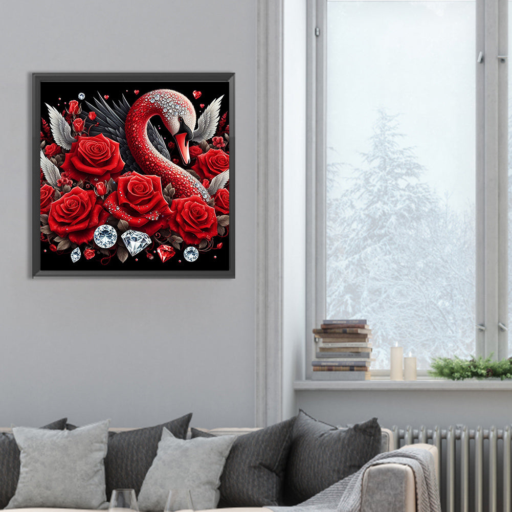 Swan And Red Rose - Full Round Drill Diamond Painting 30*30CM