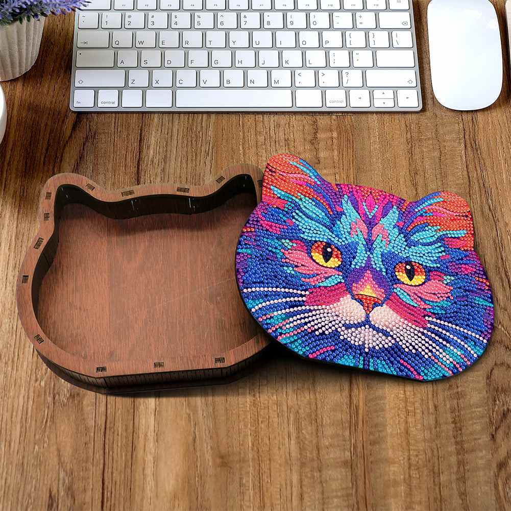 Wood Diamond Painting Jewelry Box Kit for Rings Necklace Organizer (Cat Head)