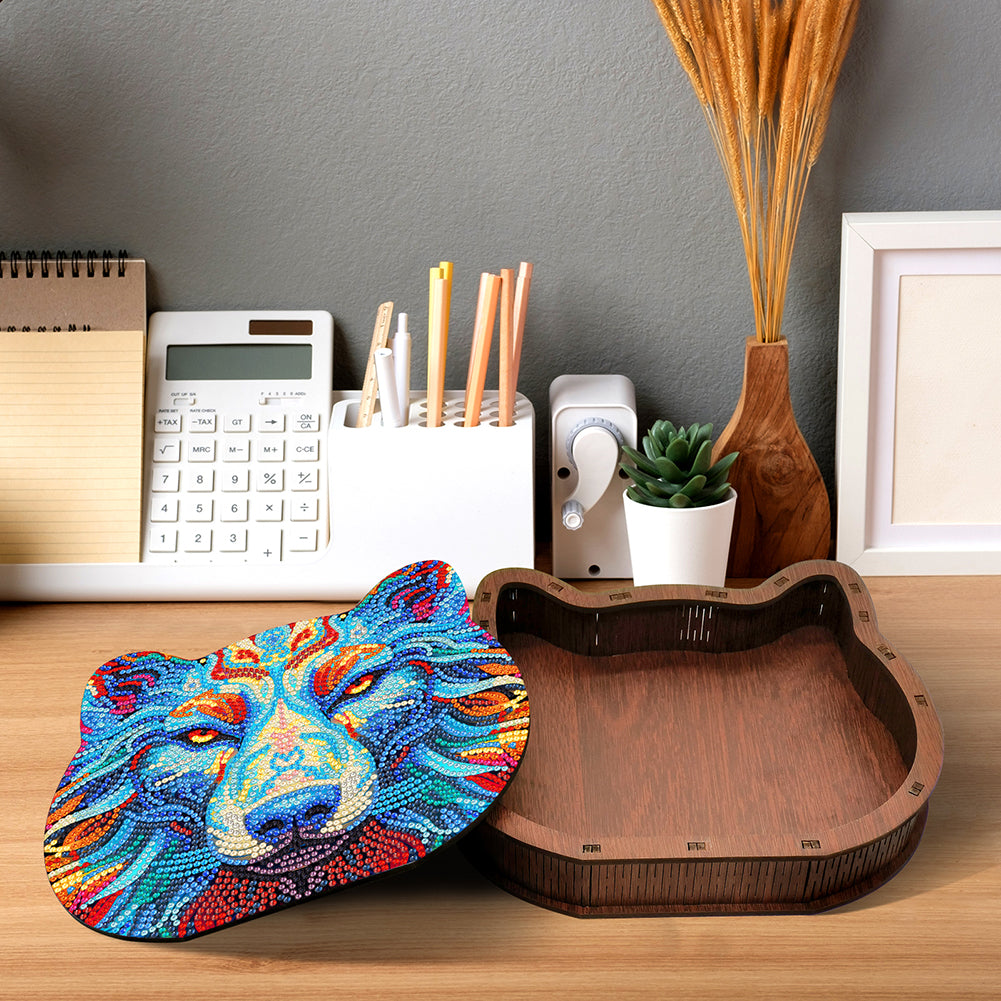 Wood Diamond Painting Jewelry Box Kit for Rings Necklace Organizer (Wolf Head)