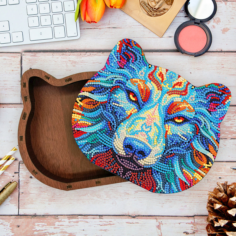 Wood Diamond Painting Jewelry Box Kit for Rings Necklace Organizer (Wolf Head)