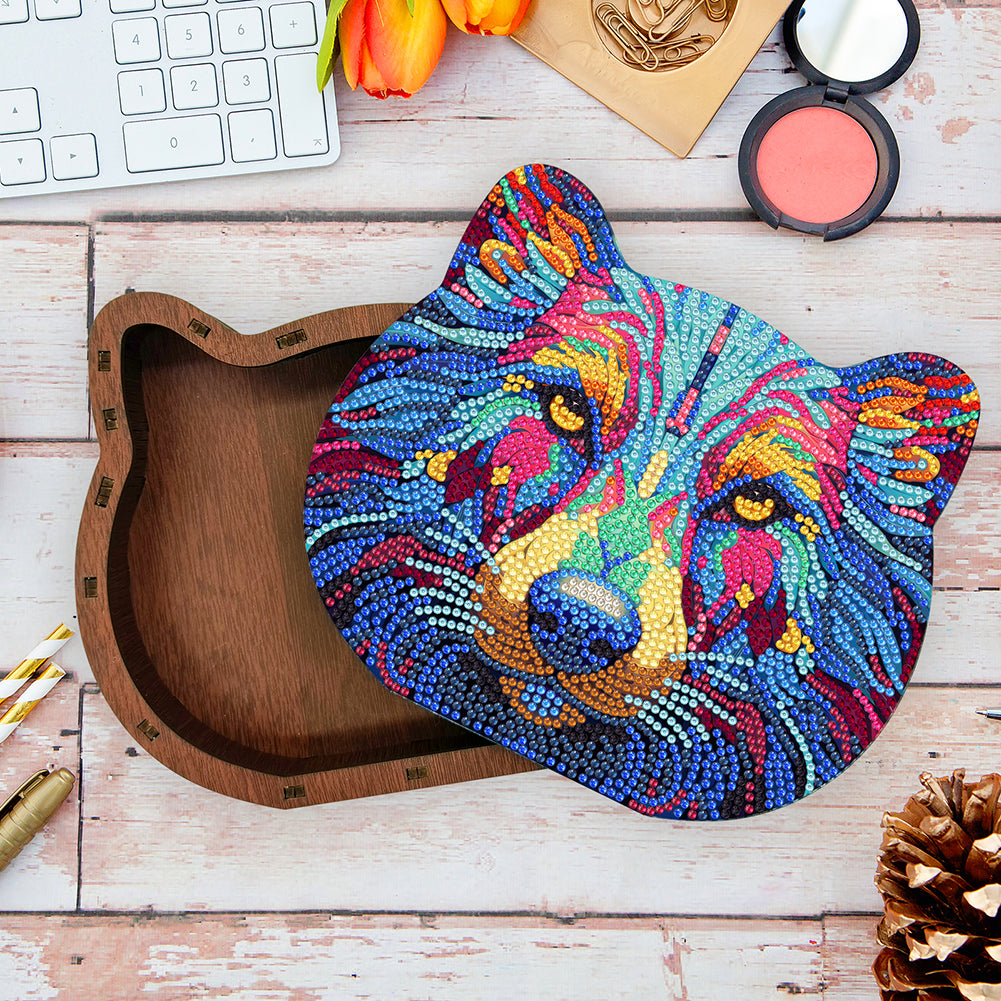 Wood Diamond Painting Jewelry Box Kit for Rings Necklace Organizer (Wolf Head)