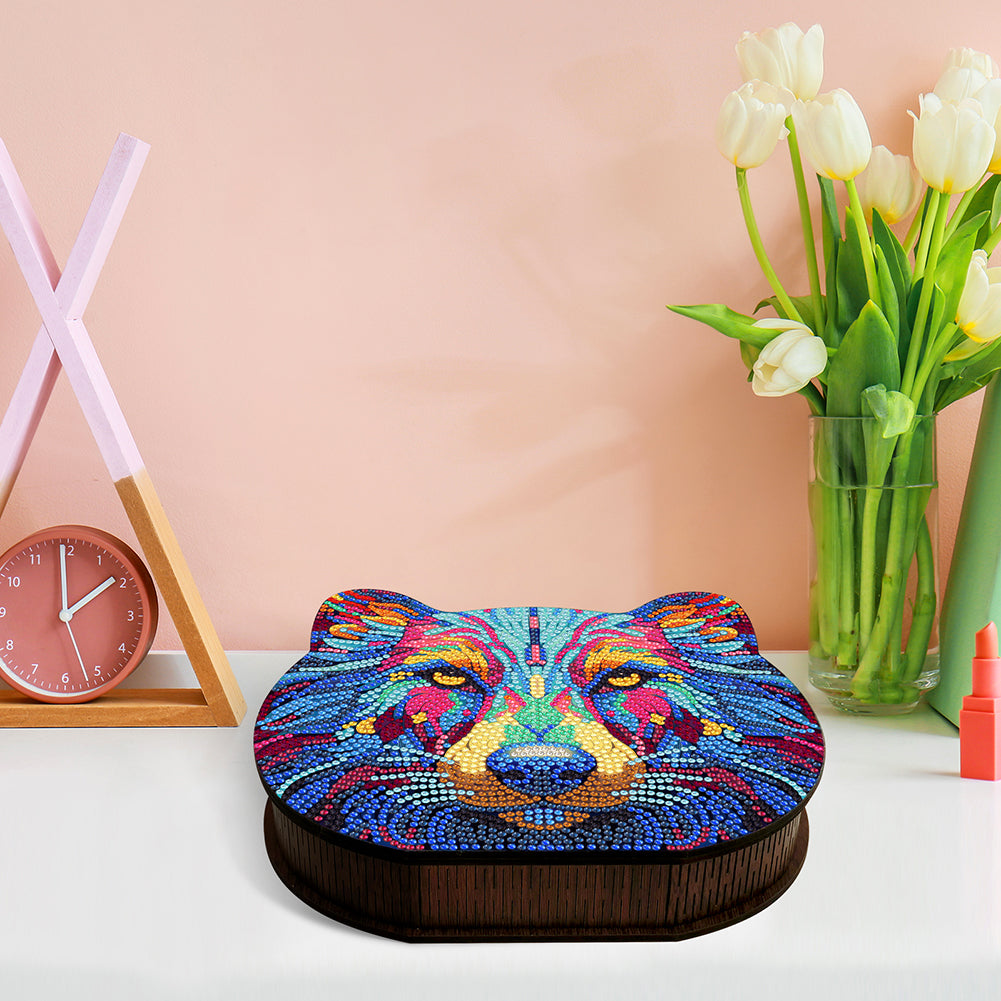 Wood Diamond Painting Jewelry Box Kit for Rings Necklace Organizer (Wolf Head)