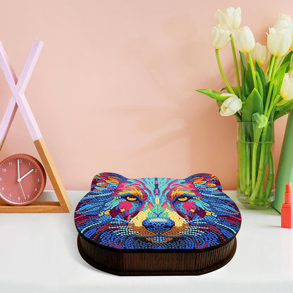 Wood Diamond Painting Jewelry Box Kit for Rings Necklace Organizer (Wolf Head)