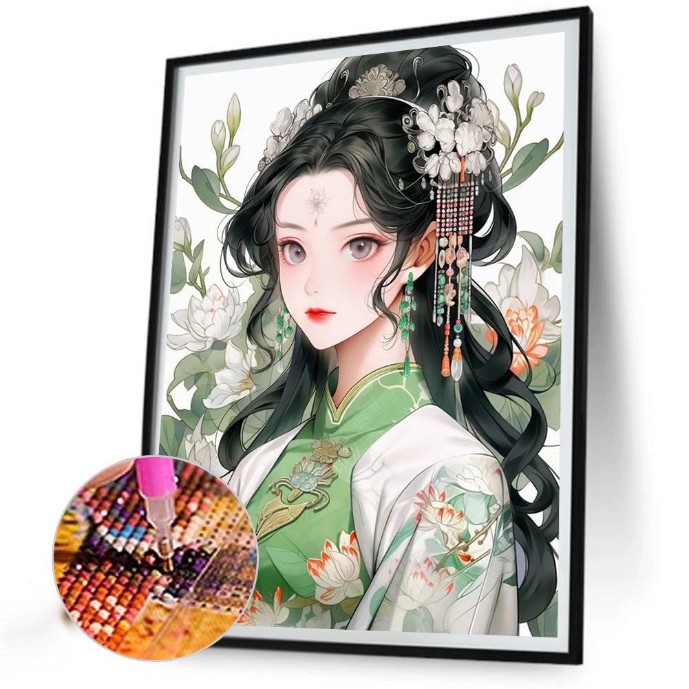 Girl In Green Dress - Full Round Drill Diamond Painting 40*55CM