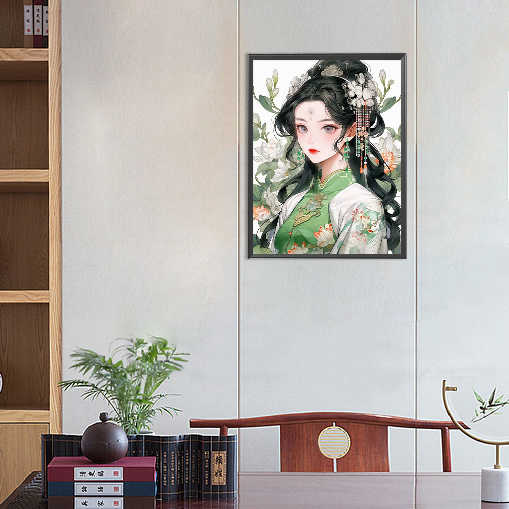 Girl In Green Dress - Full Round Drill Diamond Painting 40*55CM