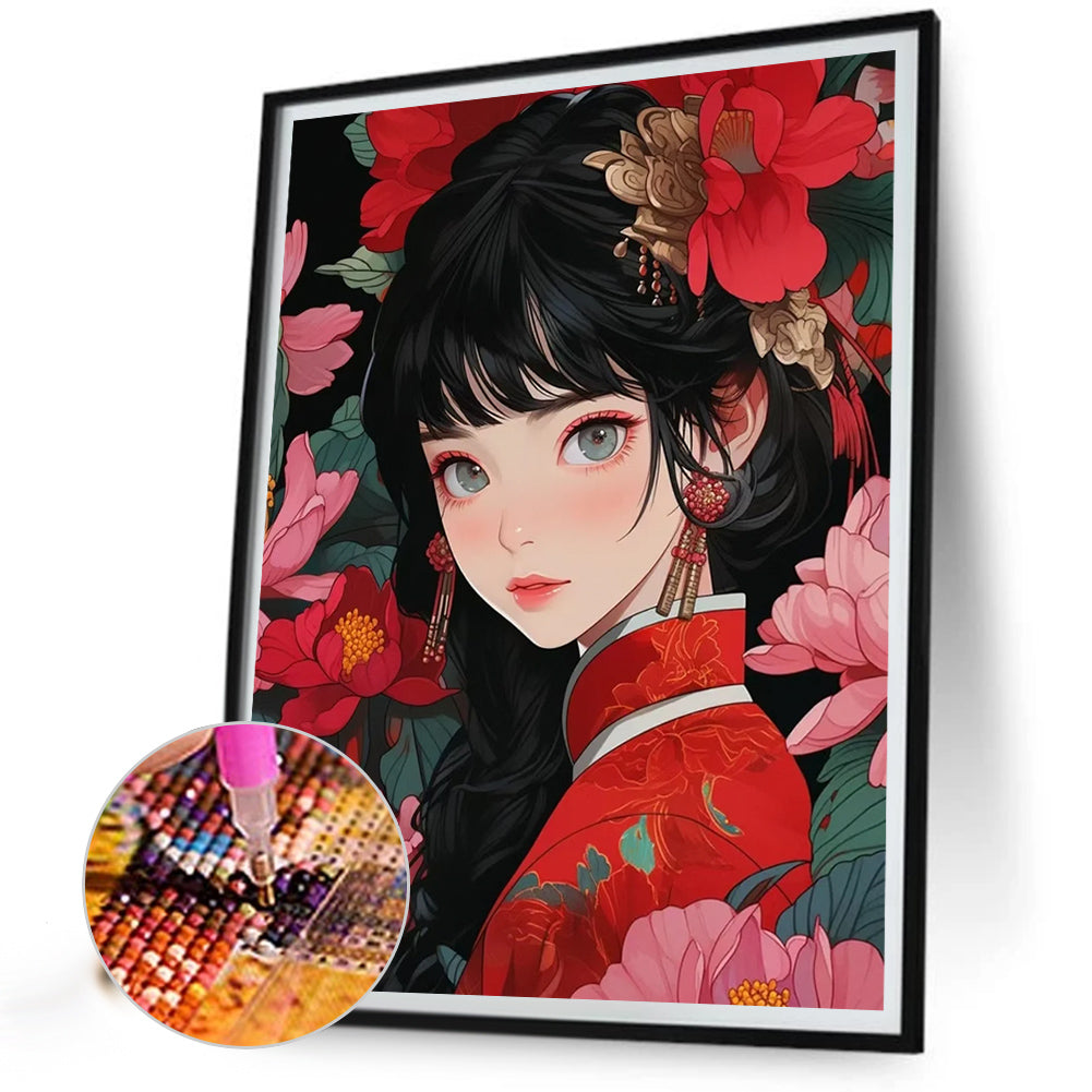 Girl In Red Dress - Full Round Drill Diamond Painting 40*55CM