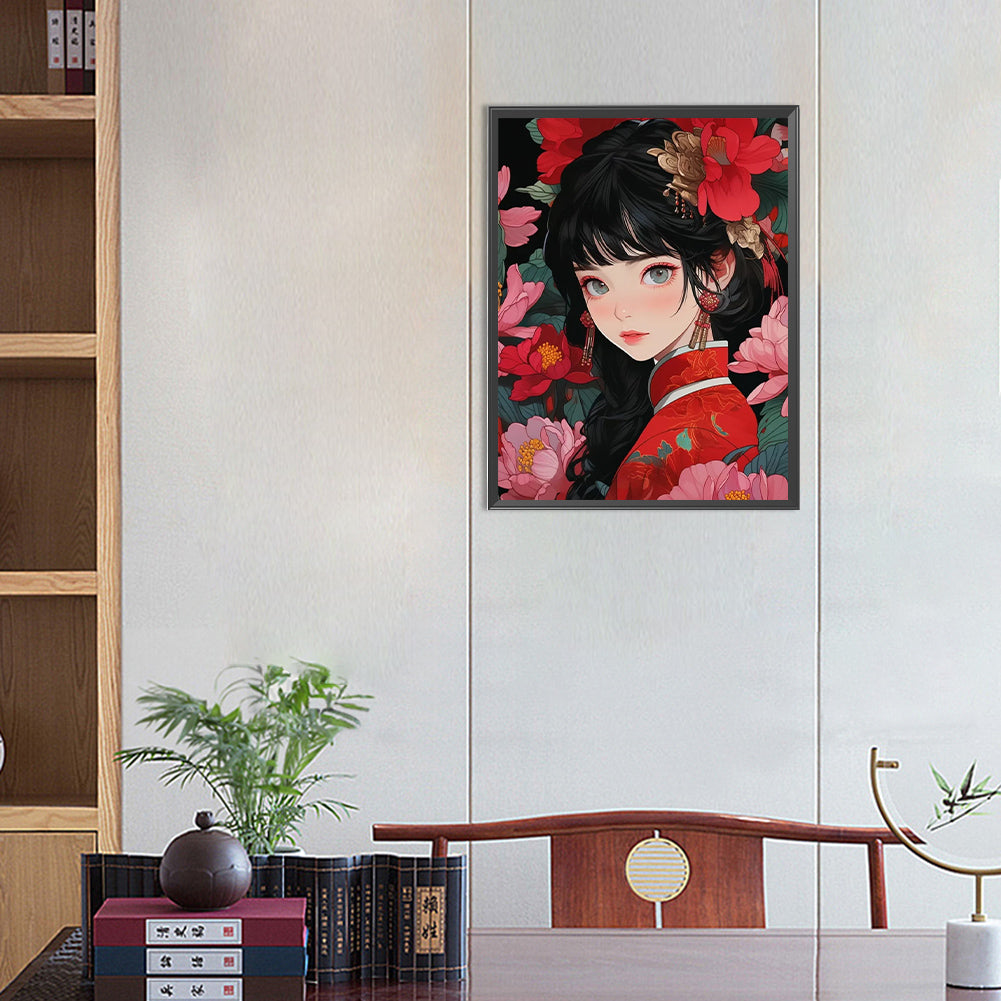 Girl In Red Dress - Full Round Drill Diamond Painting 40*55CM