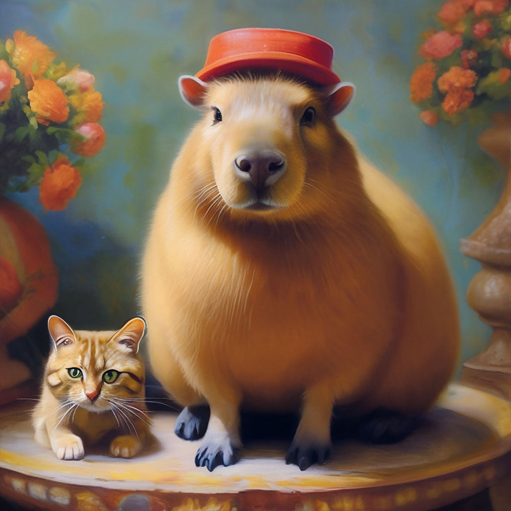 Capybara And Cat - Full Round Drill Diamond Painting 30*30CM