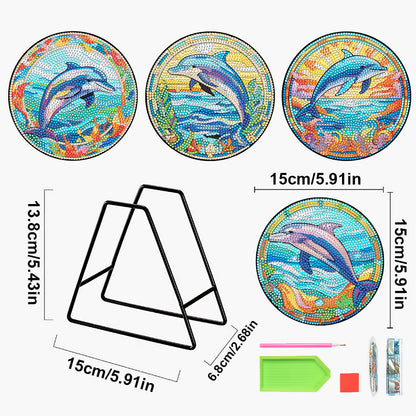 4 PCS Wood Diamond Painted Placemats Kitchen Dish Mat with Holder (Dolphin)