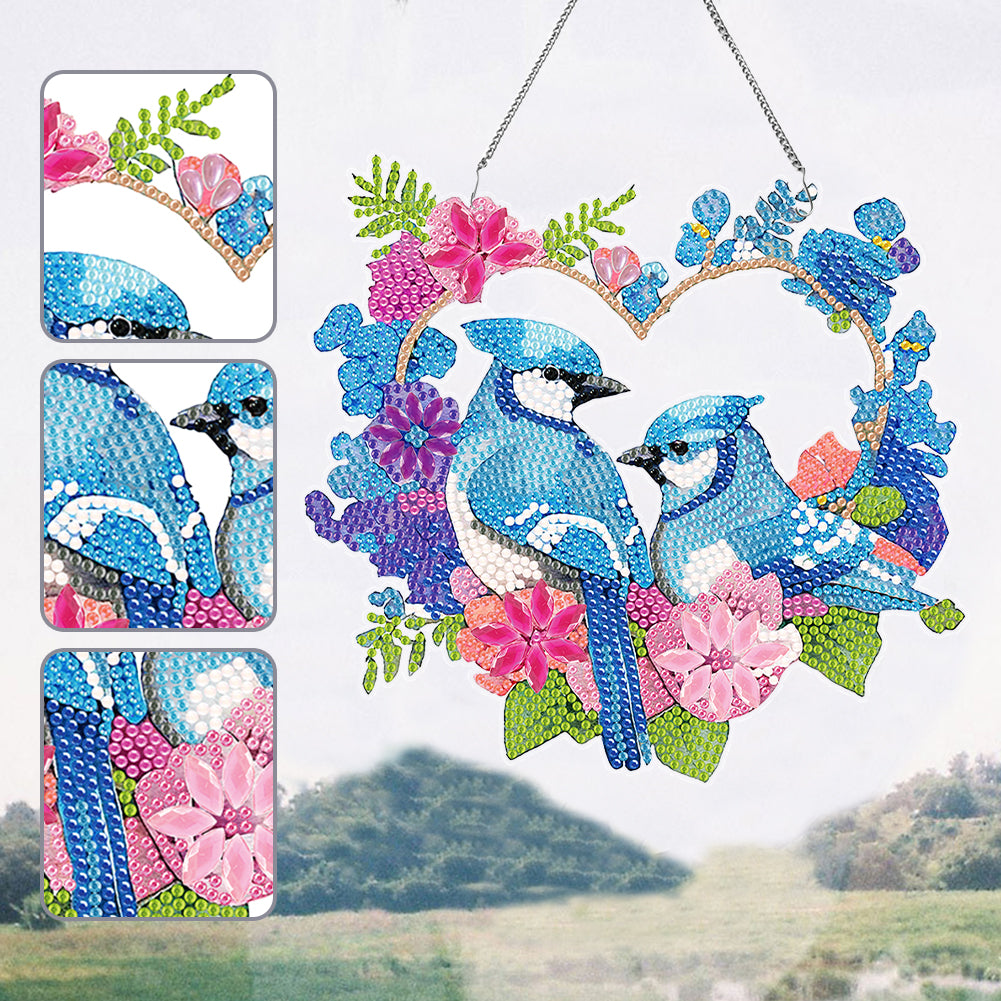 Acrylic Single-Sided DIY Diamond Painting Hanging Pendant (Heart Blue Sparrows)