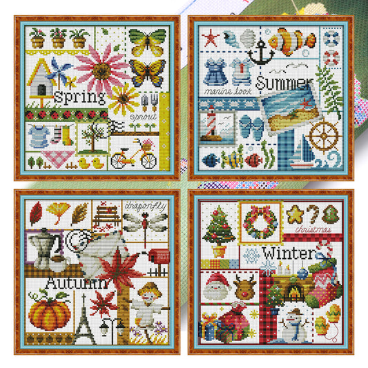 Four Seasons Spring, Summer, Autumn And Winter - 14CT Stamped Cross Stitch 26*26CM(Joy Sunday)