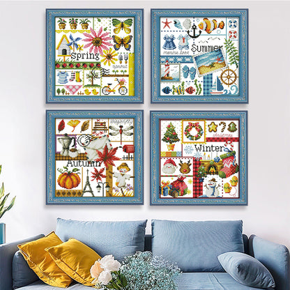 Four Seasons Spring, Summer, Autumn And Winter - 14CT Stamped Cross Stitch 26*26CM(Joy Sunday)
