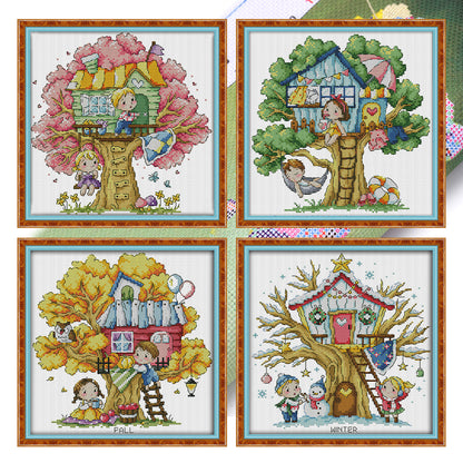 Four Seasons Treehouse - 14CT Stamped Cross Stitch 27*27CM(Joy Sunday)