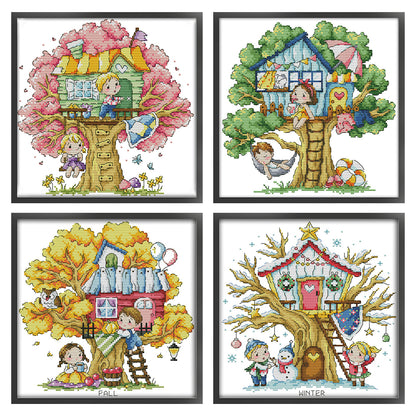 Four Seasons Treehouse - 14CT Stamped Cross Stitch 27*27CM(Joy Sunday)