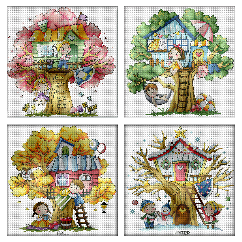 Four Seasons Treehouse - 14CT Stamped Cross Stitch 27*27CM(Joy Sunday)