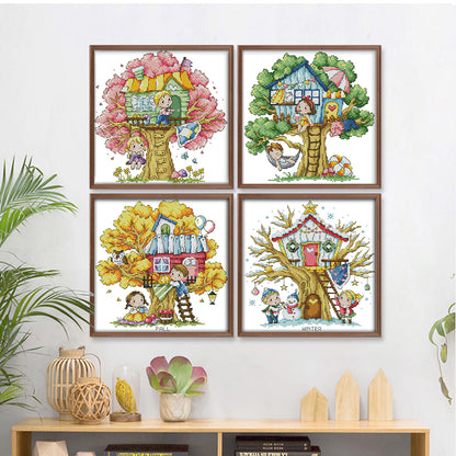 Four Seasons Treehouse - 14CT Stamped Cross Stitch 27*27CM(Joy Sunday)