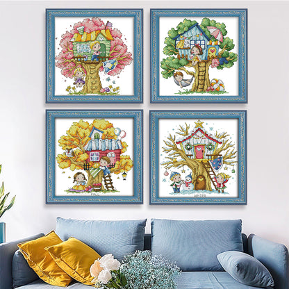 Four Seasons Treehouse - 14CT Stamped Cross Stitch 27*27CM(Joy Sunday)