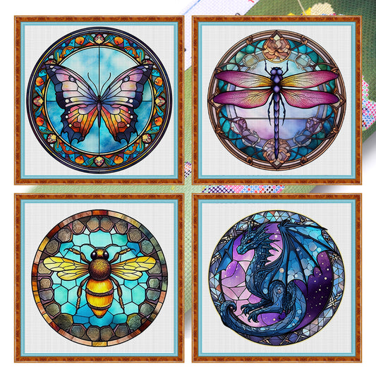 Glass Painting-Butterfly Dragonfly Bee Pterosaur - 18CT Stamped Cross Stitch