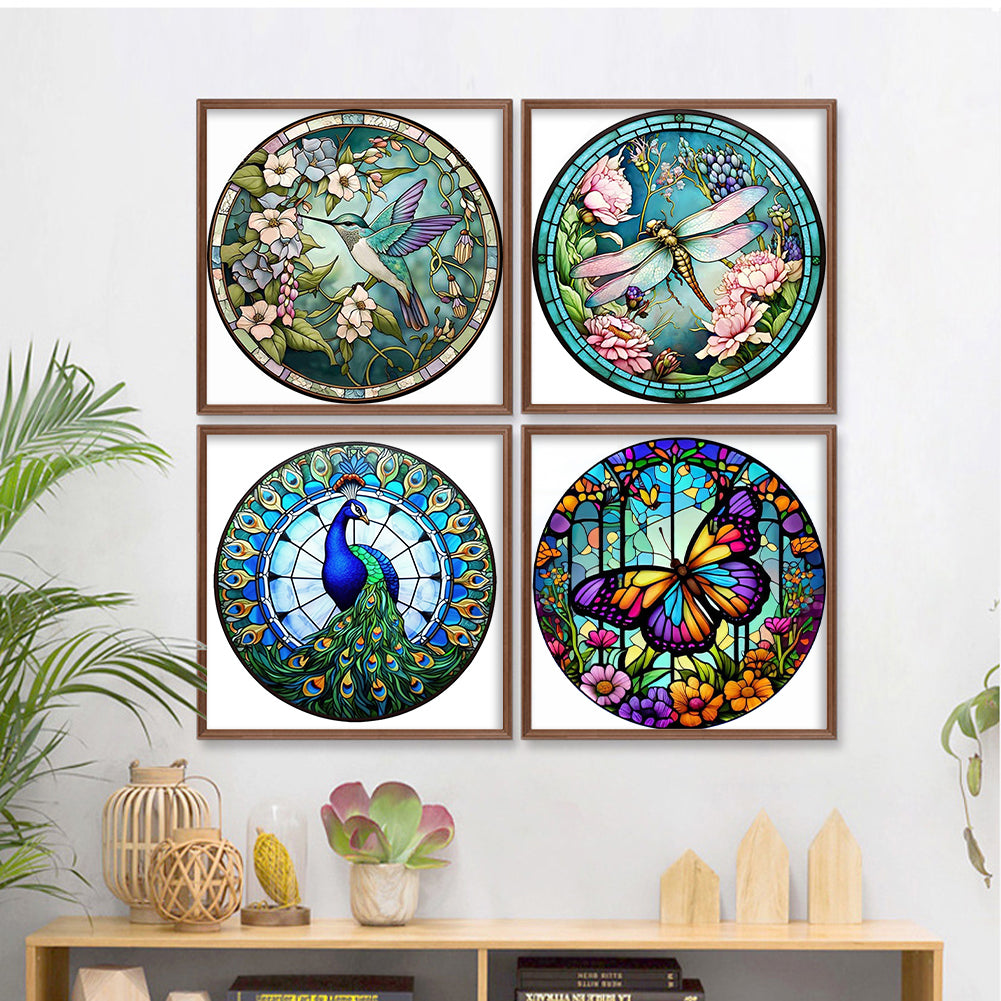 Glass Painting-Hummingbird, Dragonfly, Peacock, Butterfly - 18CT Stamped Cross Stitch