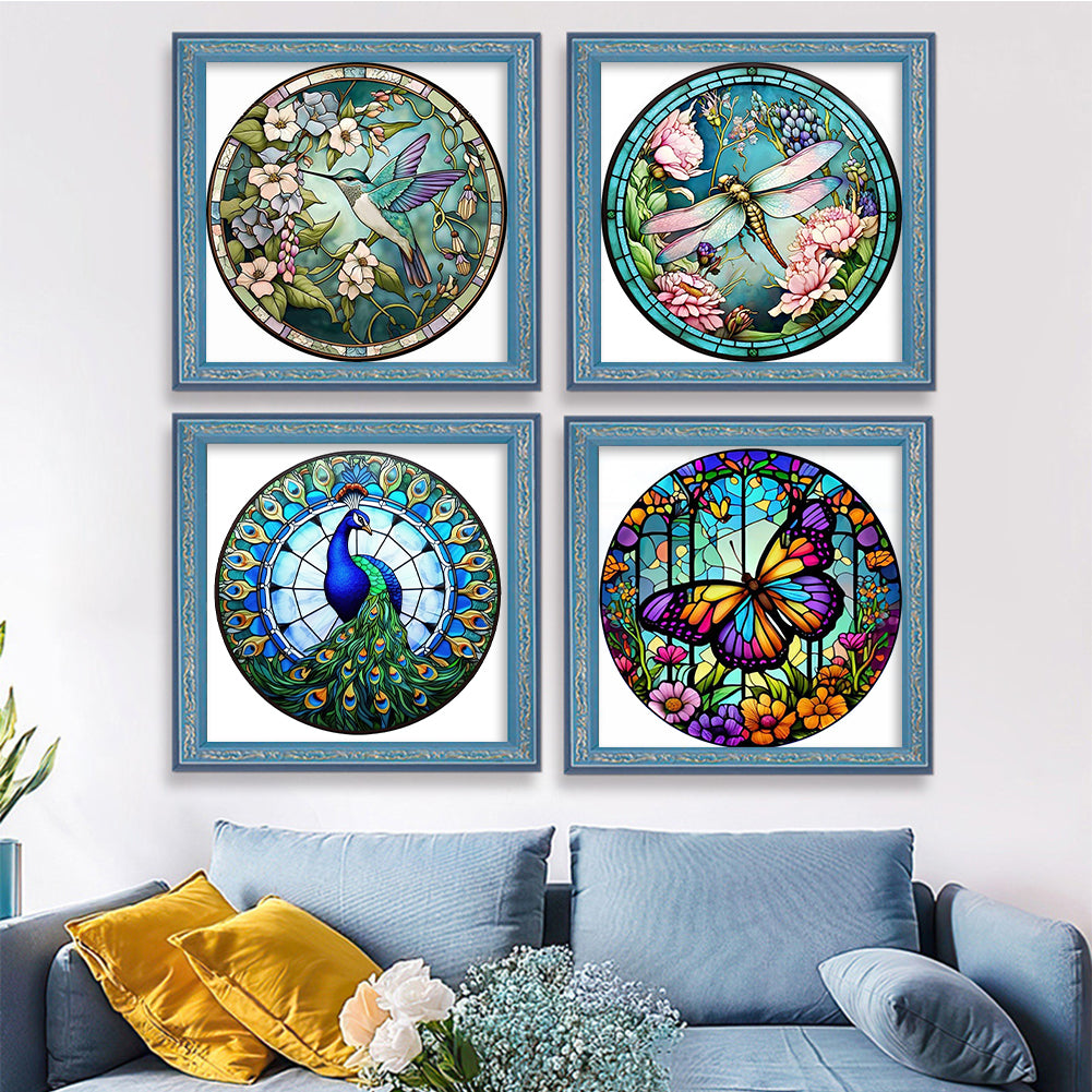 Glass Painting-Hummingbird, Dragonfly, Peacock, Butterfly - 18CT Stamped Cross Stitch