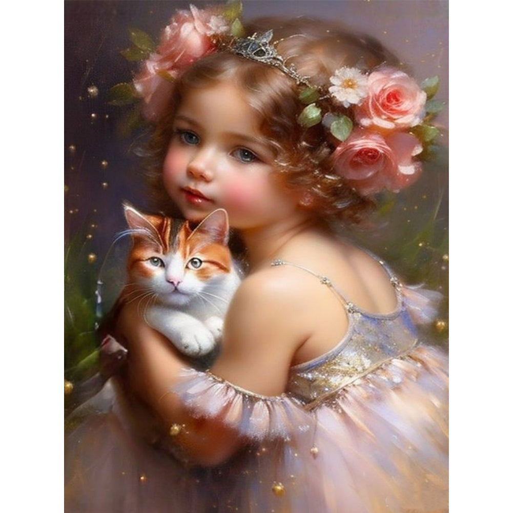 Little Girl Holding Cat - Full Round Drill Diamond Painting 30*40CM