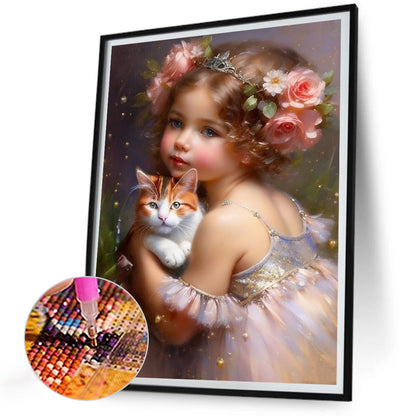 Little Girl Holding Cat - Full Round Drill Diamond Painting 30*40CM