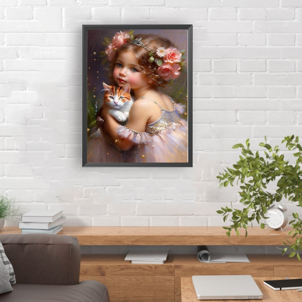 Little Girl Holding Cat - Full Round Drill Diamond Painting 30*40CM