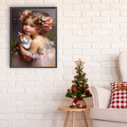 Little Girl Holding Cat - Full Round Drill Diamond Painting 30*40CM