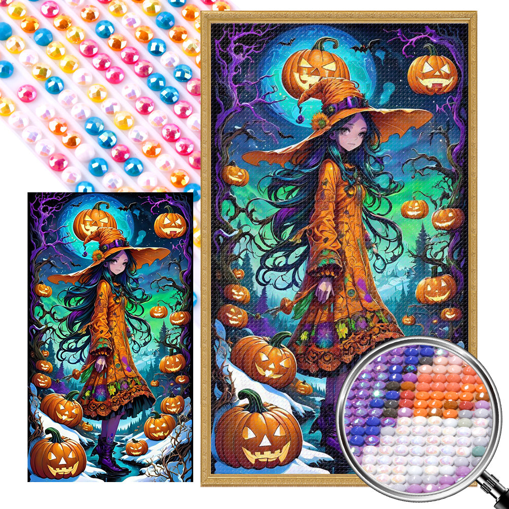 Girl In Fancy Dress And Jack-O'-Lantern - Full AB Round Drill Diamond Painting 40*70CM