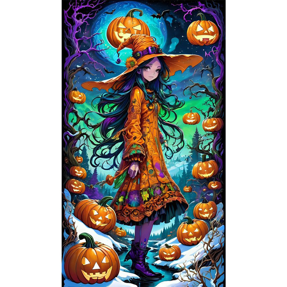 Girl In Fancy Dress And Jack-O'-Lantern - Full AB Round Drill Diamond Painting 40*70CM