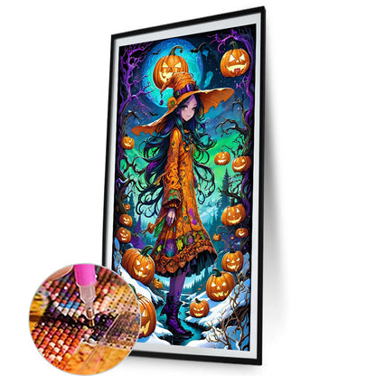 Girl In Fancy Dress And Jack-O'-Lantern - Full AB Round Drill Diamond Painting 40*70CM