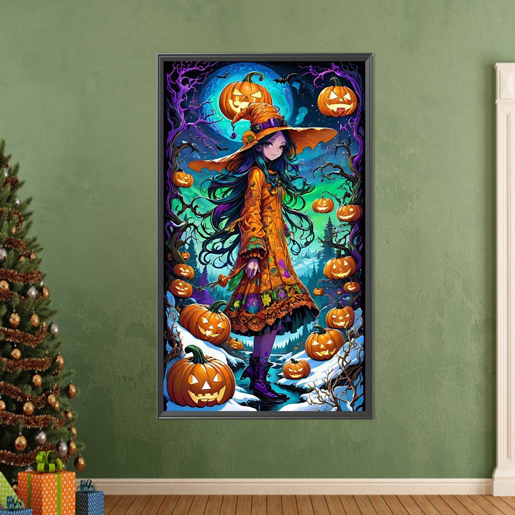 Girl In Fancy Dress And Jack-O'-Lantern - Full AB Round Drill Diamond Painting 40*70CM