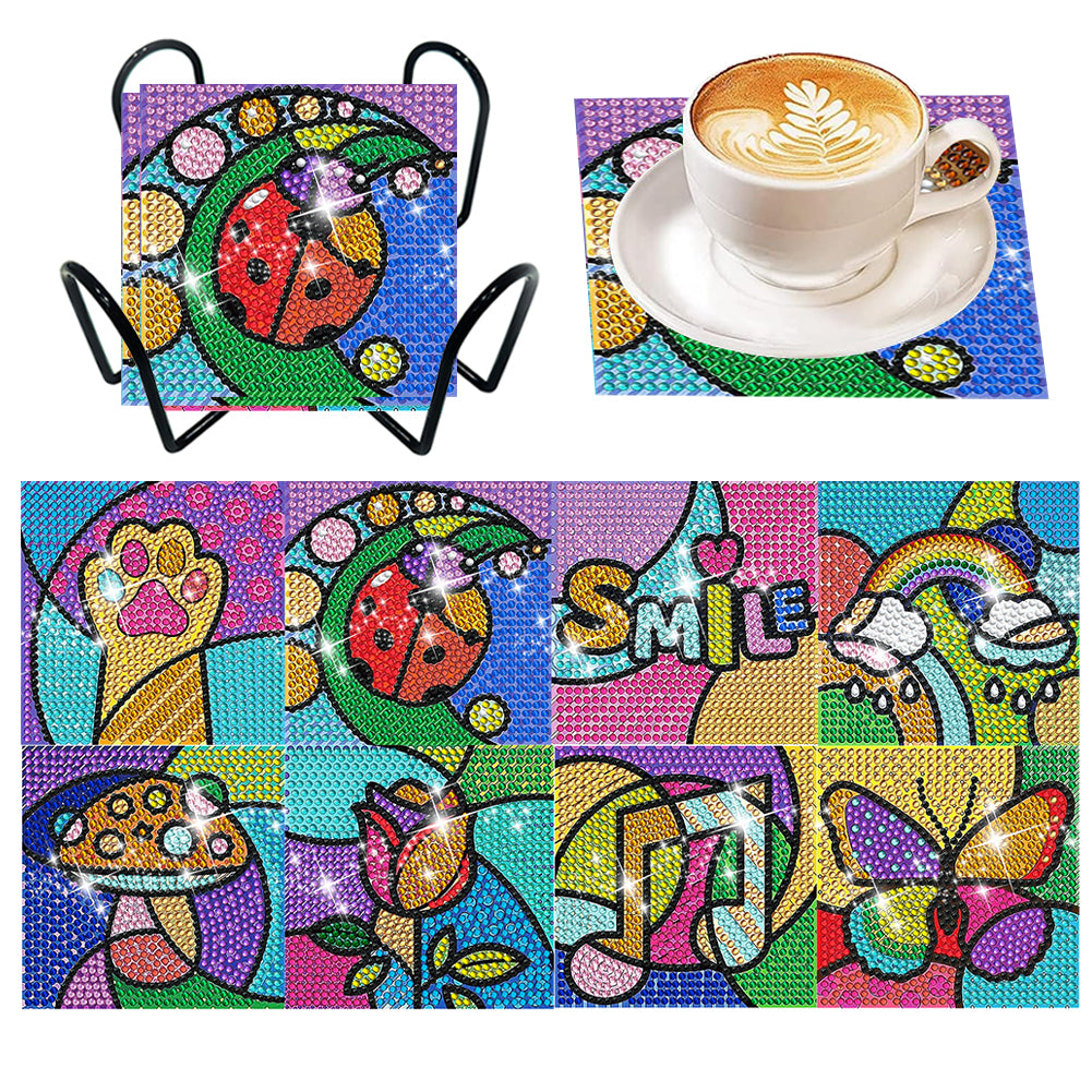 8 Pcs Acrylic Diamond Painting Coasters with Holder Cork Pads (Rainbow Elements)