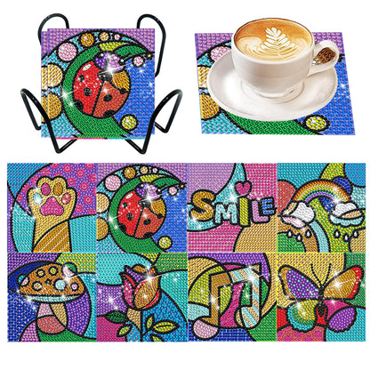 8 Pcs Acrylic Diamond Painting Coasters with Holder Cork Pads (Rainbow Elements)