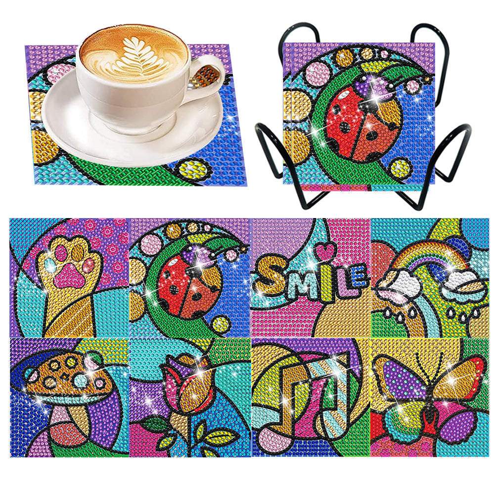 8 Pcs Acrylic Diamond Painting Coasters with Holder Cork Pads (Rainbow Elements)