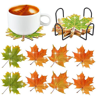 8 Pcs Acrylic Diamond Painting Coasters Kits with Holder Cork Pads (Maple Leaf)